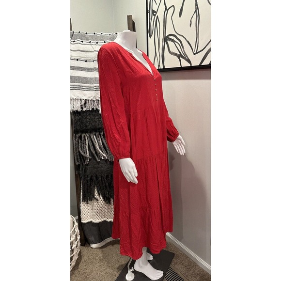 Loft Women Oversized Sz M Red Maxi Dress Tiered Textured Long Sleeve V Neck - Picture 2 of 8